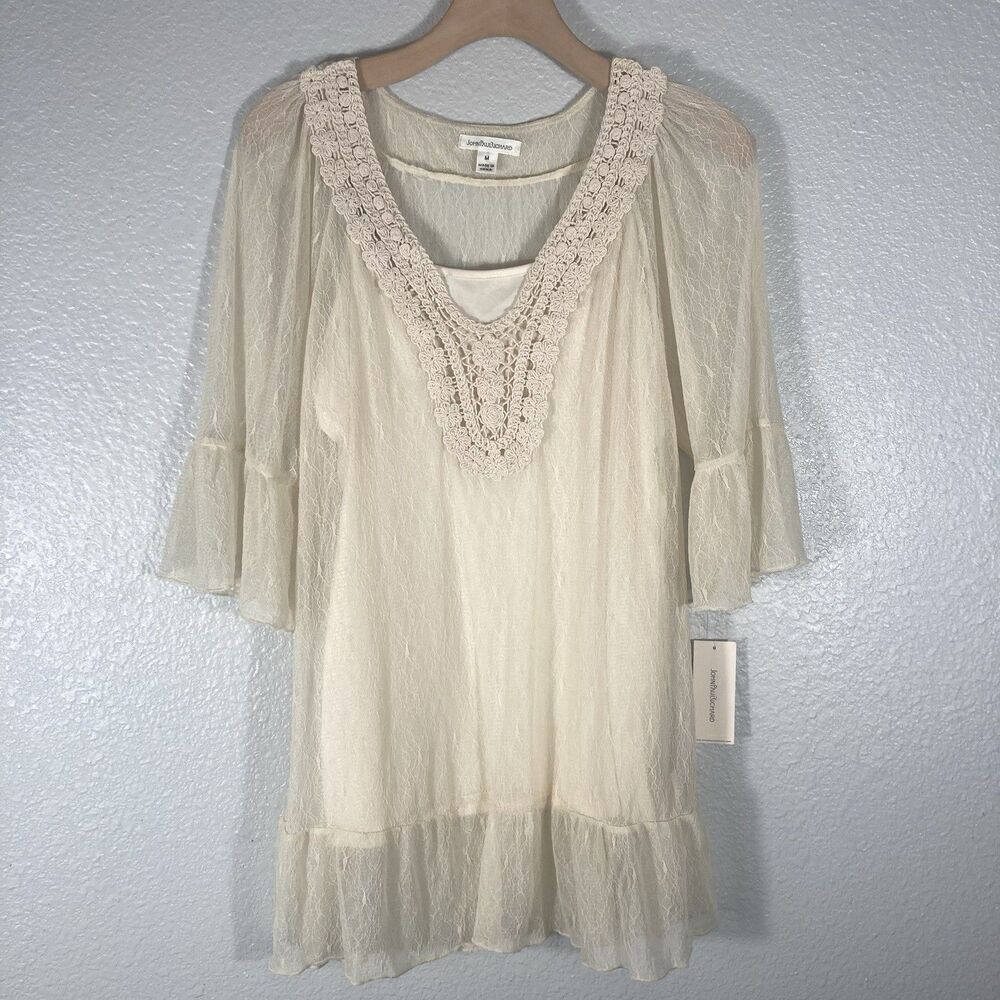 John Paul Richard Lace Tunic Top Women M Fairy Whimsical Boho Bell Sleeve Ruffle